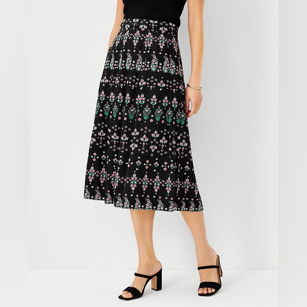 Ann Taylor Petite Floral Stripe Pleated Midi Skirt Size 10